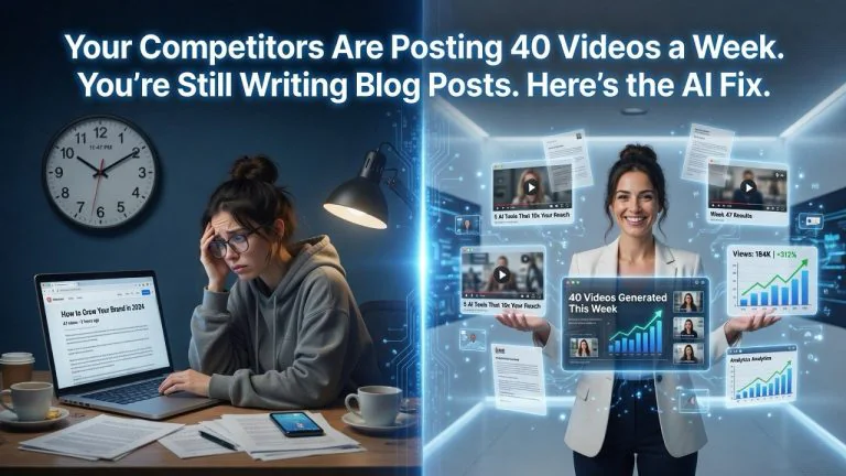 Side by side comparison of manual content creation vs AI video tools showing productivity difference