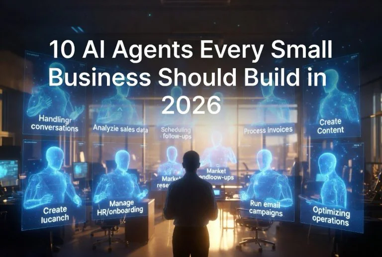 10 AI agents for small business with holographic AI avatars and futuristic office interface