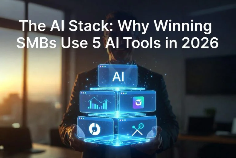 AI stack for SMBs showing holographic AI tool panels and business productivity technology