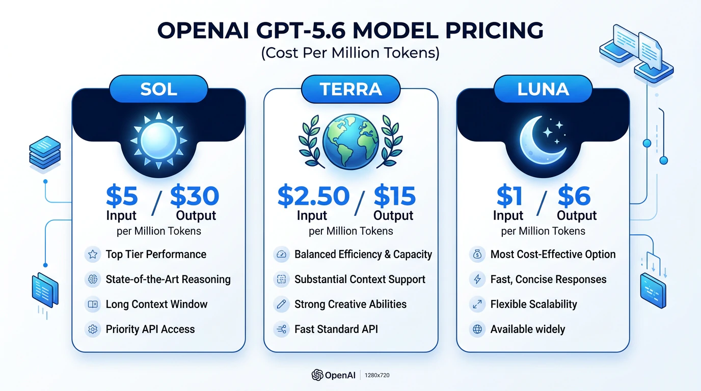 OpenAI GPT-5.6 three-tier pricing comparison: Sol, Terra, and Luna