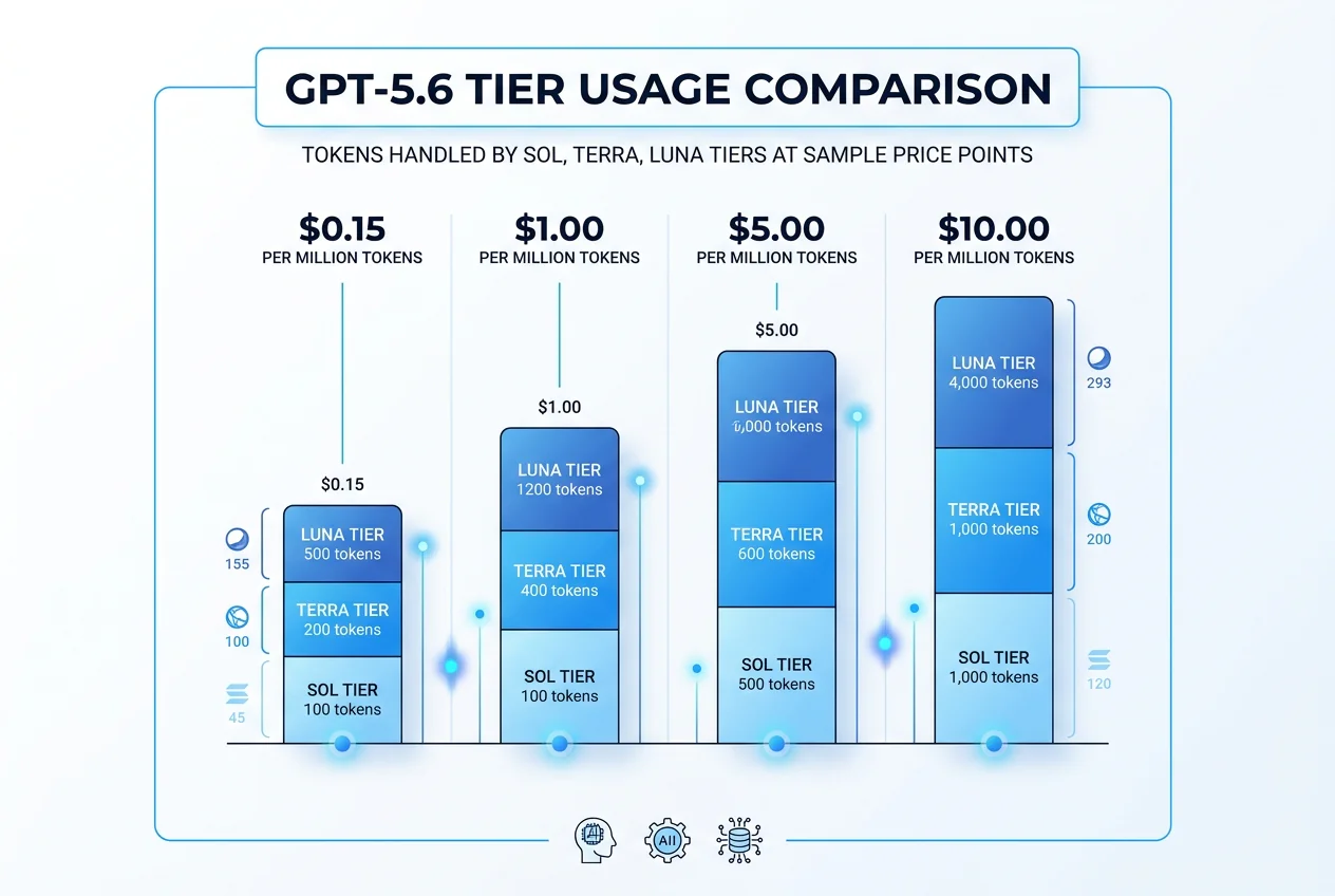 Monthly cost comparison bar chart for GPT-5.6 tiers at 1M tokens usage