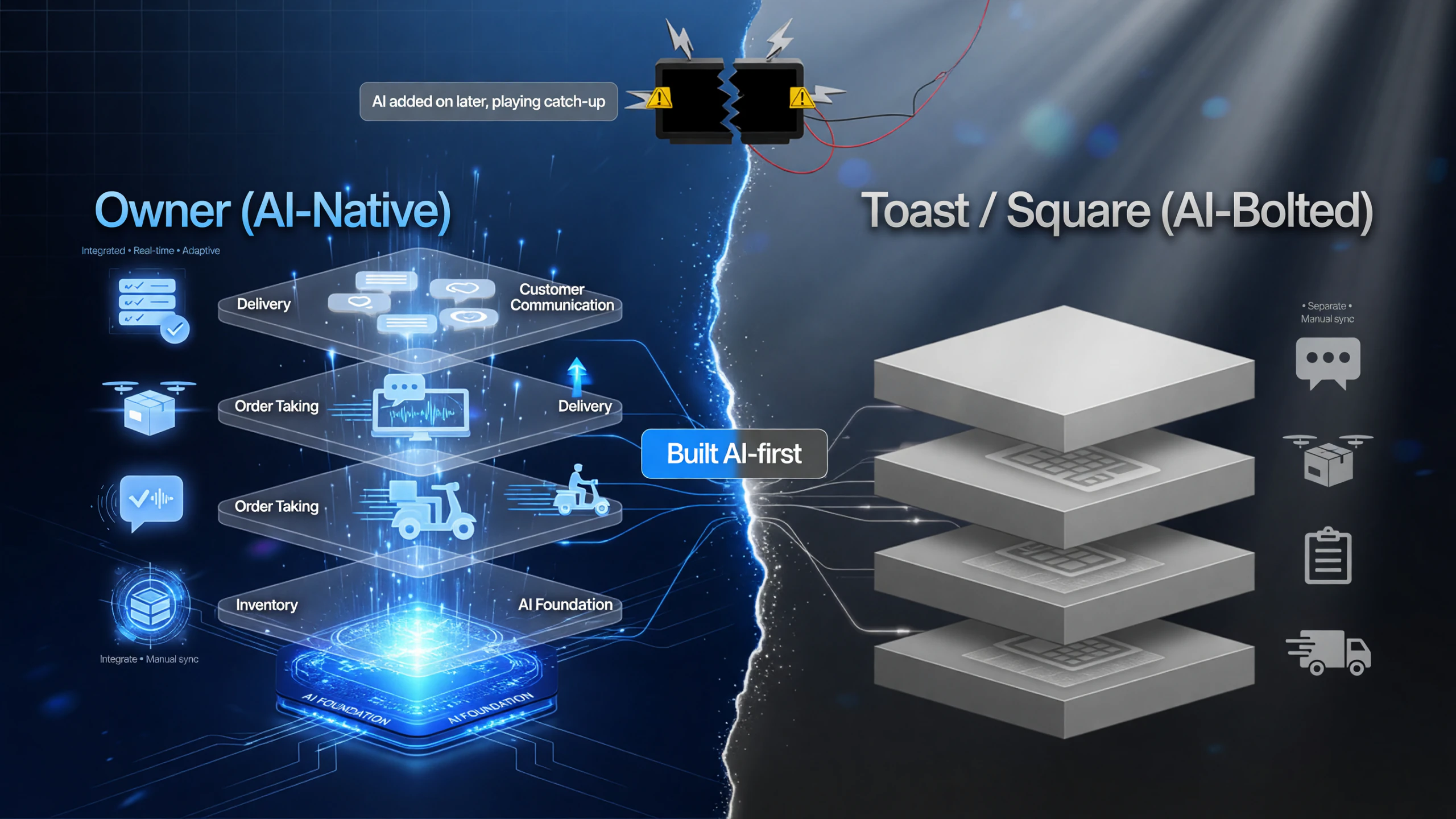 Owner AI-Native vs Traditional Platforms comparison: integrated blue AI-native stack versus gray bolted-on legacy architecture