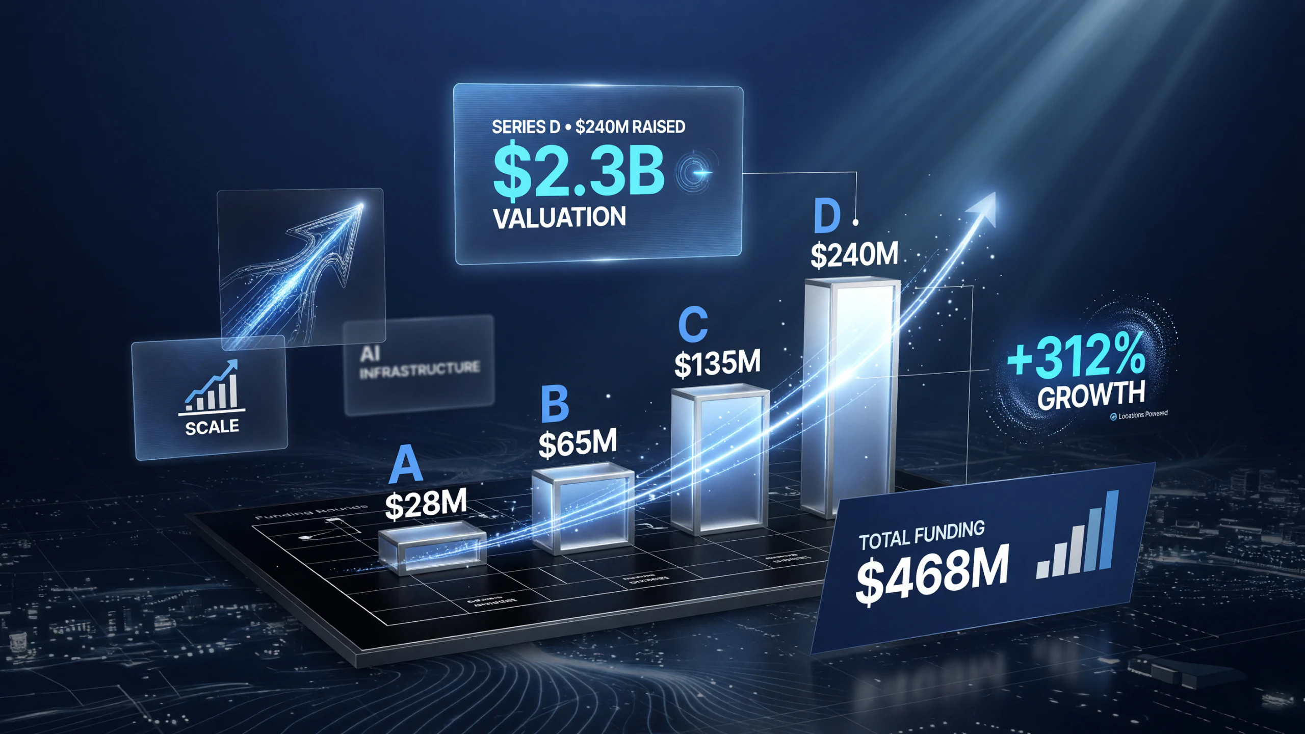 Owner Series D funding infographic: Series A 28M, B 65M, C 135M, D 240M at 2.3B valuation, 468M total raised
