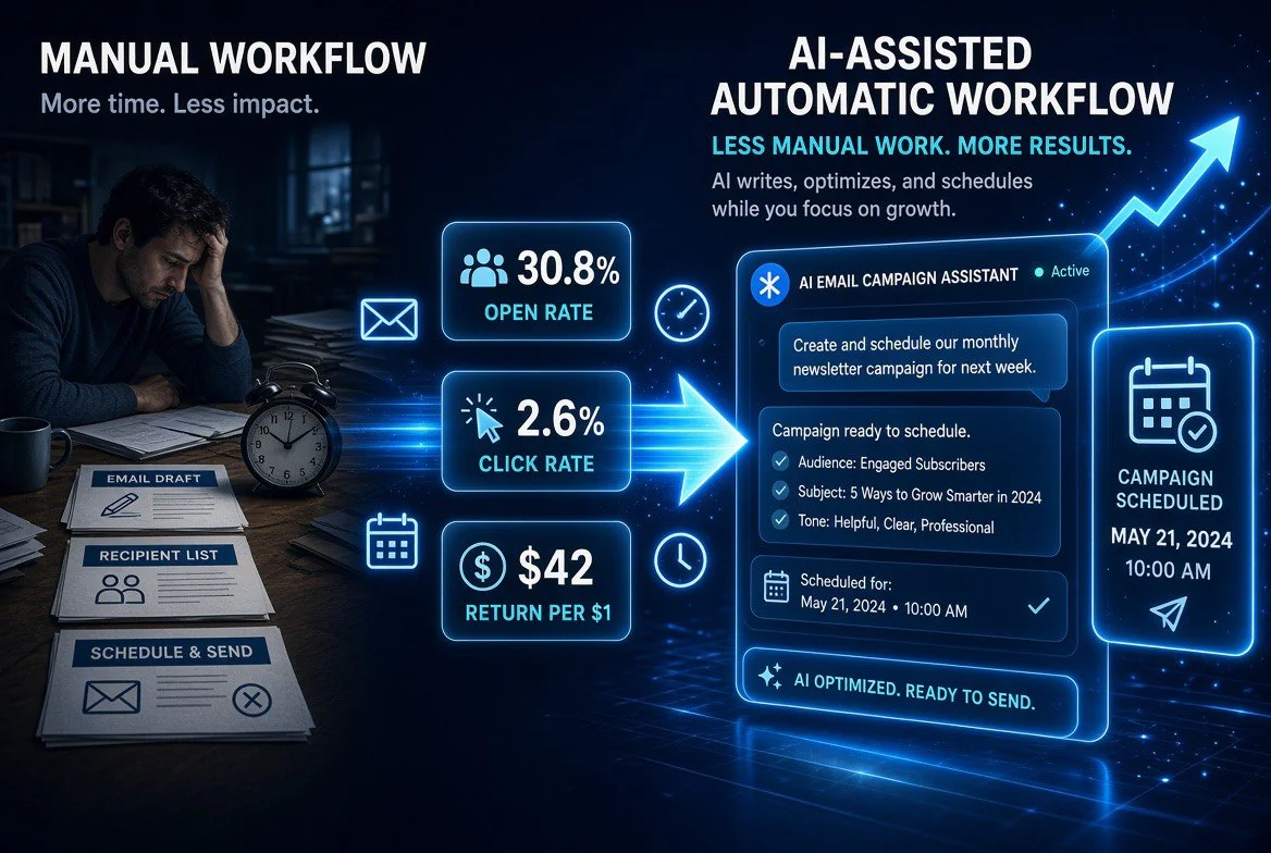 Infographic comparing a manual email workflow against an AI-assisted workflow inside Claude, showing Constant Contact benchmark metrics of 30.8% open rate, 2.6% click rate and $42 return per $1