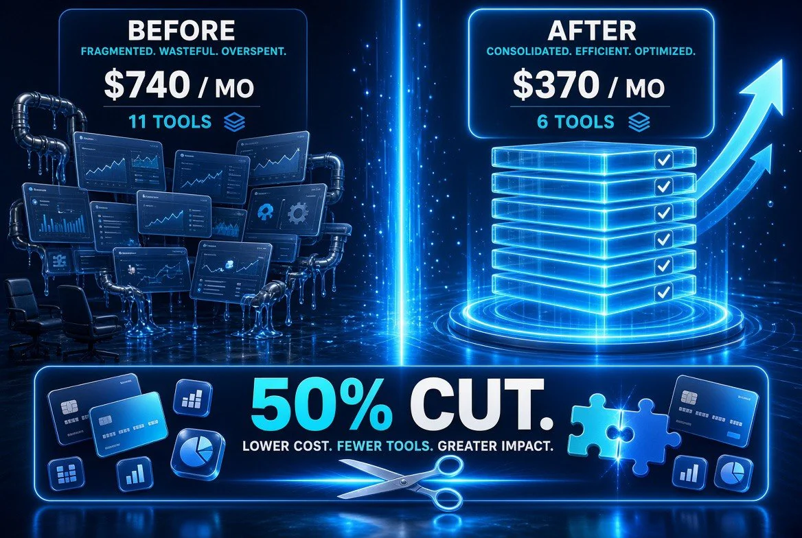 Before and after comparison of monthly AI tool spend dropping from 740 dollars across 11 tools to 370 dollars across 6 tools