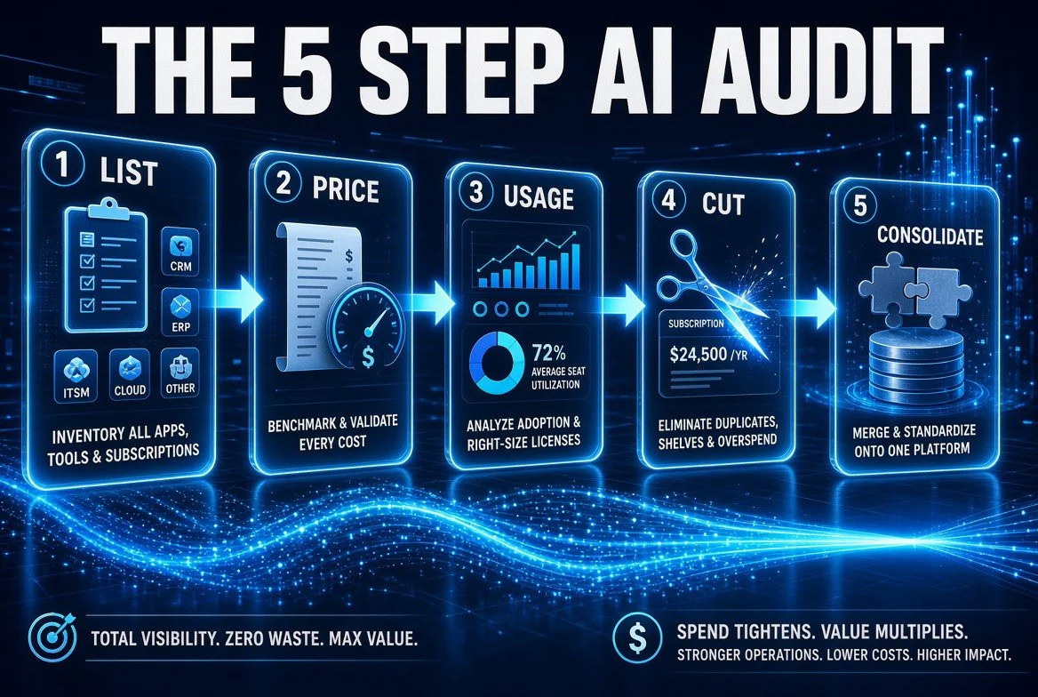 Five step AI spend audit process for small businesses: list, price, usage, cut, consolidate