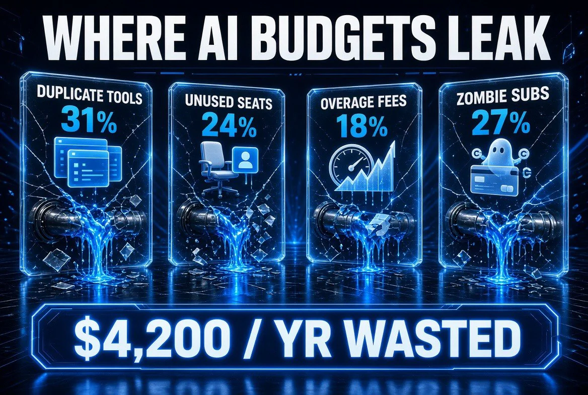 Infographic showing where small business AI budgets leak through duplicate tools, unused seats, overage fees and zombie subscriptions