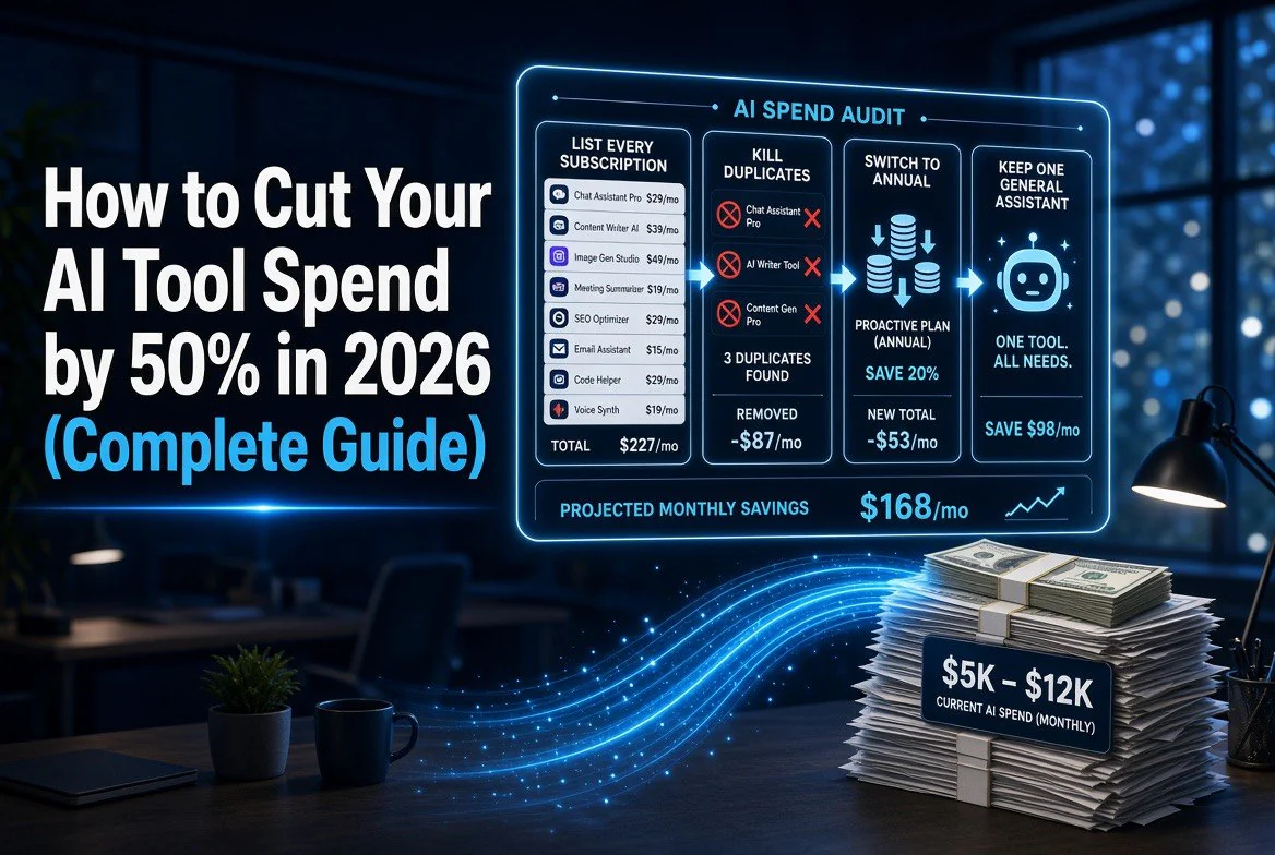 AI subscription audit infographic: list every subscription, kill duplicates, switch to annual, keep one general assistant