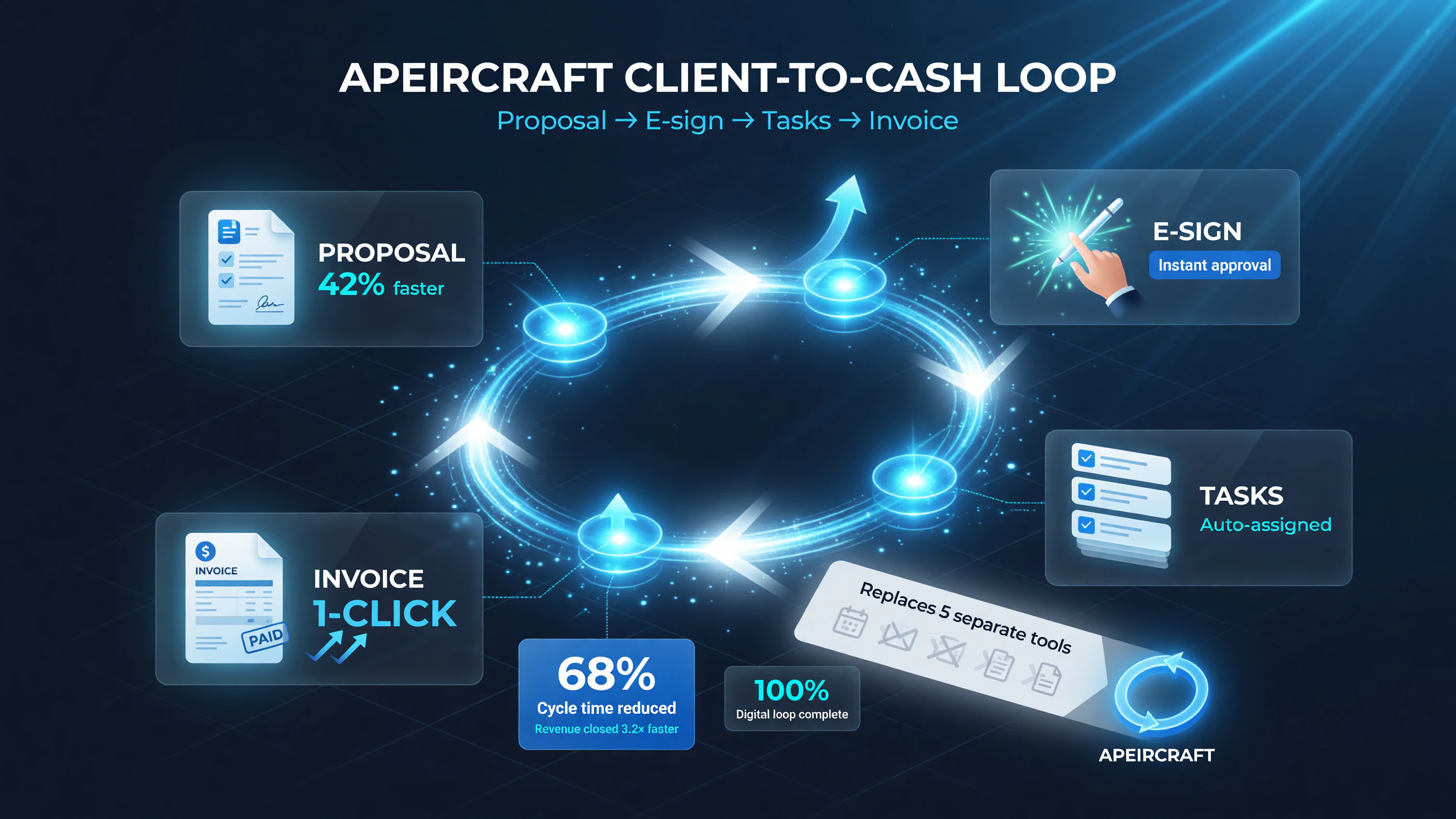 ApeiroCraft client-to-cash workflow - proposal, e-sign, tasks, invoice in one click