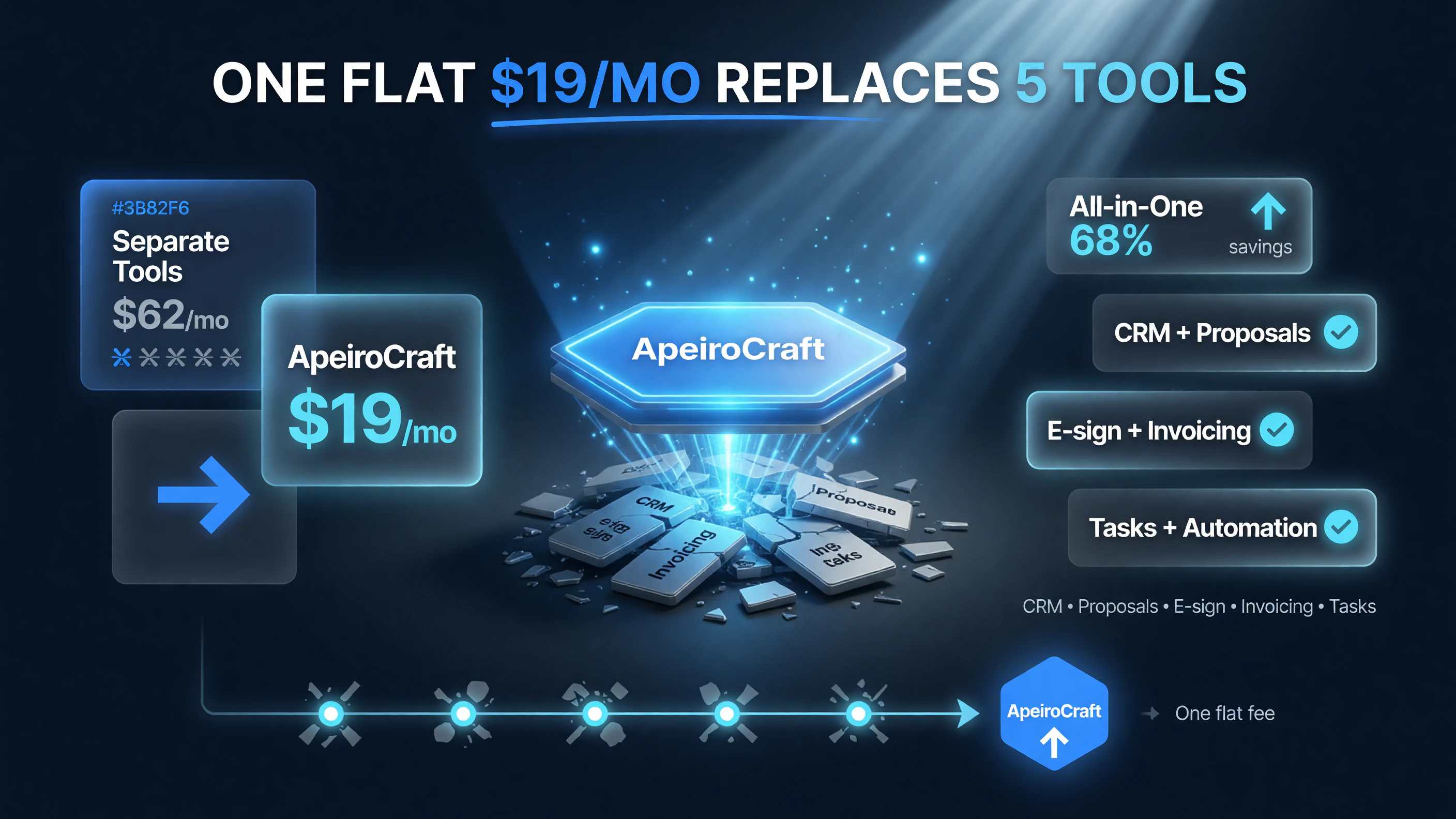ApeiroCraft one flat $19 per month replaces separate CRM, proposals, e-sign, invoicing, and tasks tools
