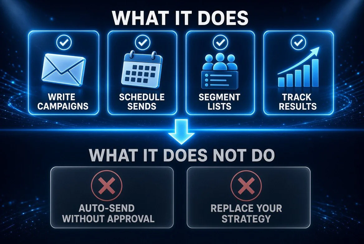 Checklist infographic showing the Constant Contact Claude connector can write campaigns, schedule sends, segment lists and track results, but does not auto-send without approval or replace marketing strategy