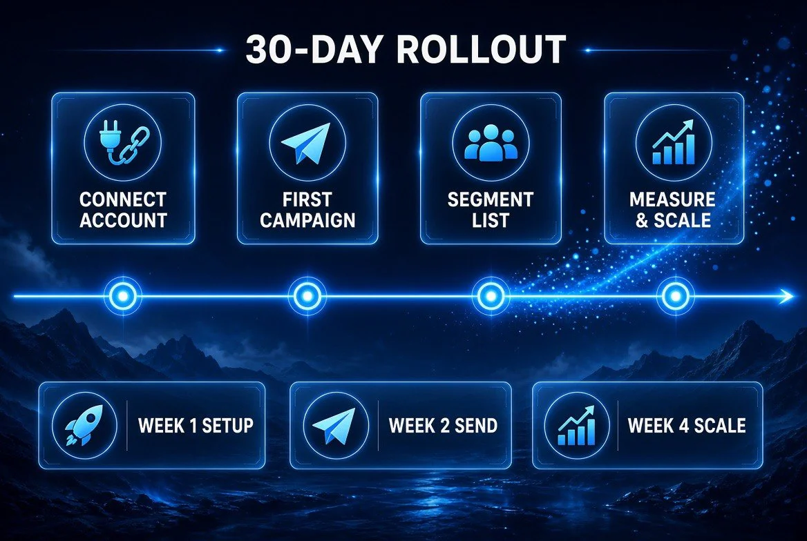 30-day rollout timeline infographic for adopting the Constant Contact connector inside Claude, showing connect account, first campaign, segment list and measure and scale milestones