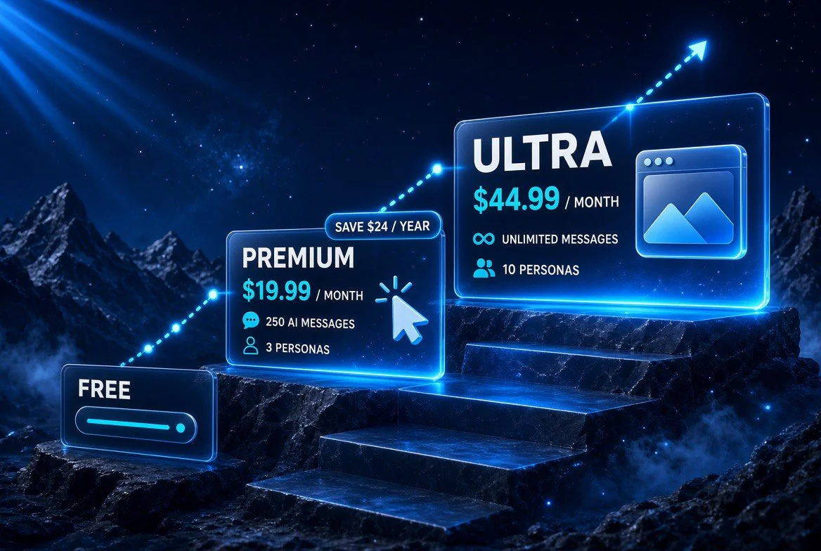 HyperWrite pricing tiers compared: Free, Premium at $19.99 per month with 250 AI messages and 3 personas, and Ultra at $44.99 per month with unlimited messages and 10 personas