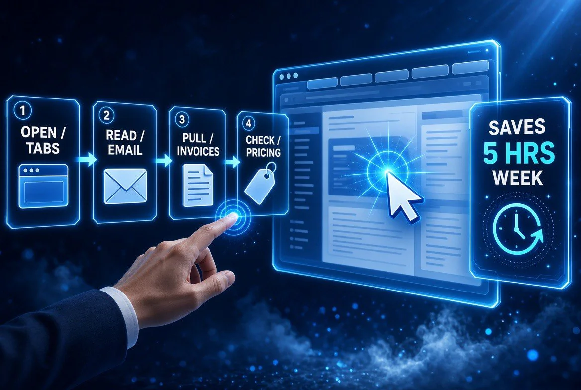 HyperWrite Agent Mode four-step browser workflow: open tabs, read email, pull invoices, check pricing, saving 5 hours per week