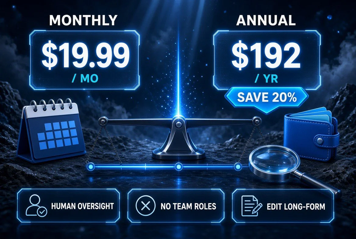 HyperWrite monthly versus annual pricing: $19.99 per month or $192 per year with a save 20 percent badge, plus limitation tags for human oversight, no team roles, and editing long-form output