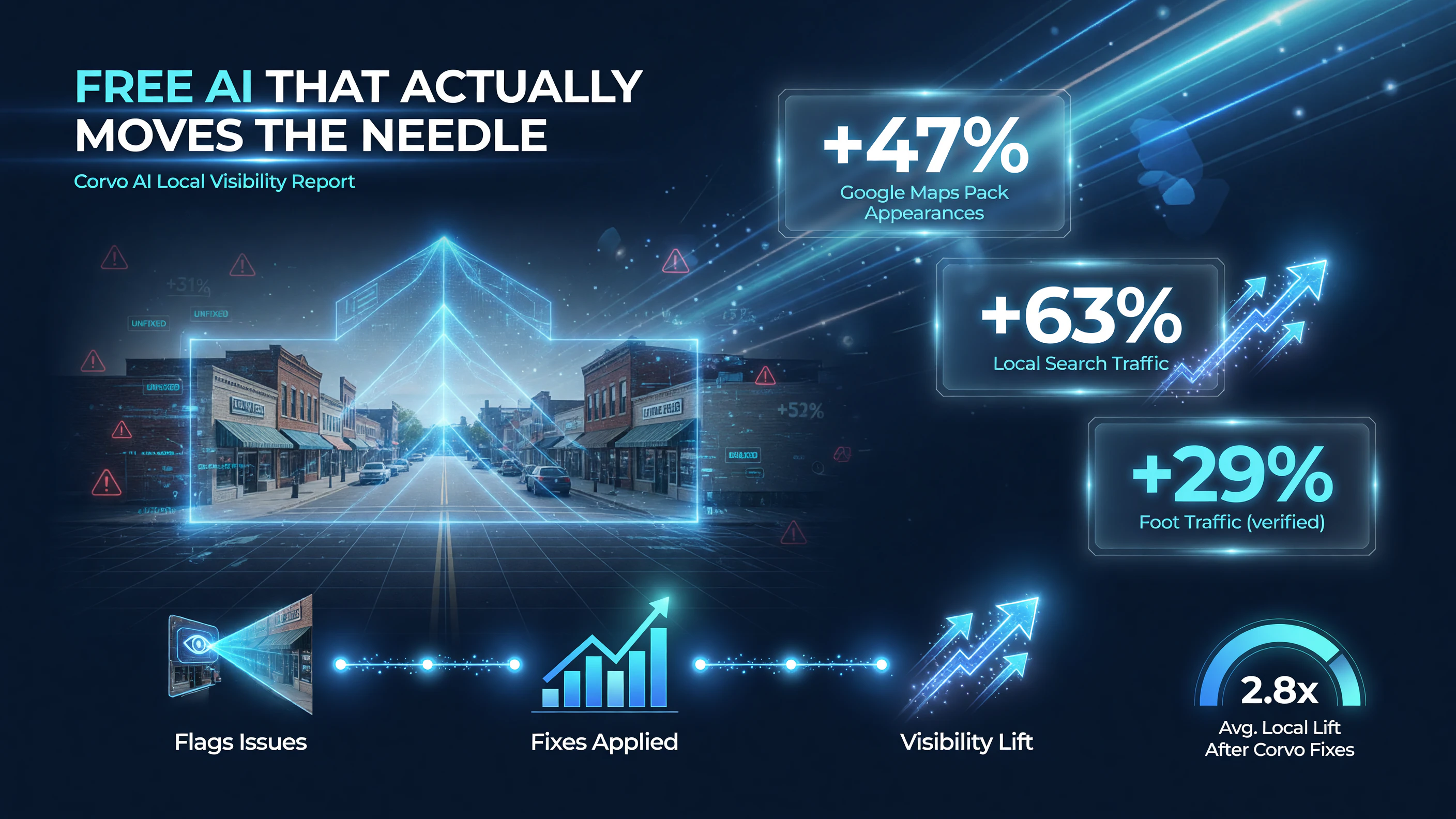 Corvo AI reviews 186% more local signals, is free to launch, and flags the specific fixes that lift local visibility