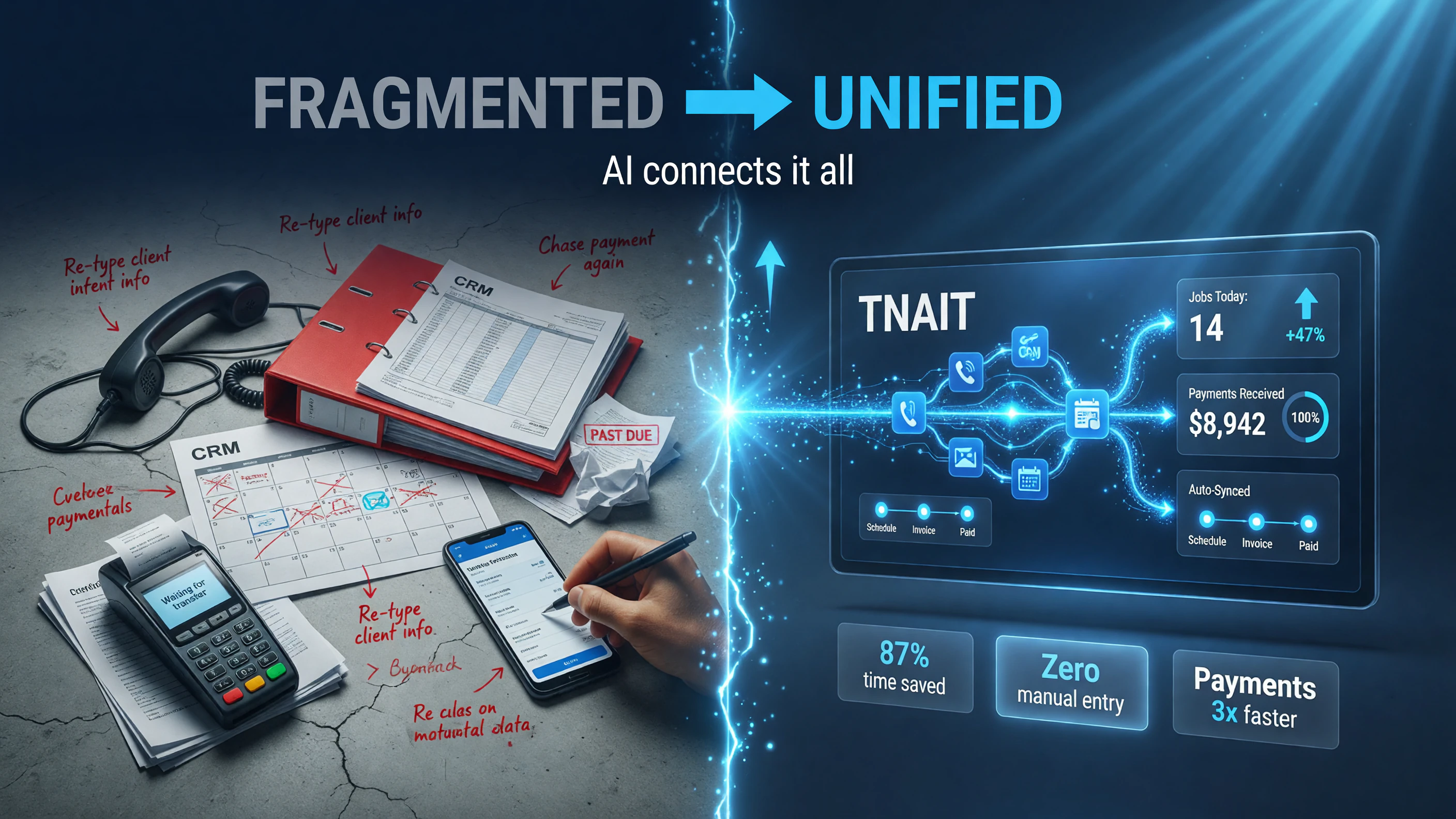 Dispatchly unifies five fragmented tools (phone, CRM, scheduling, invoicing, payment) into one AI-native super-app workflow