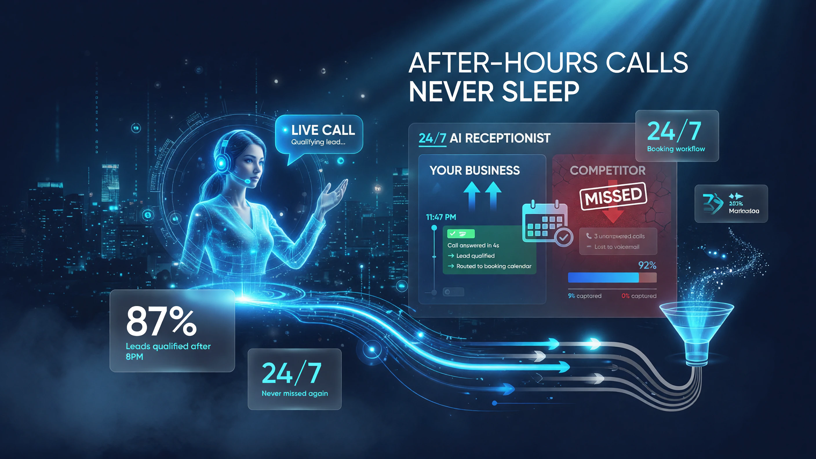 Dispatchly 24/7 AI receptionist answers after-hours calls, qualifies leads, and routes them into booking so they never go to a competitor