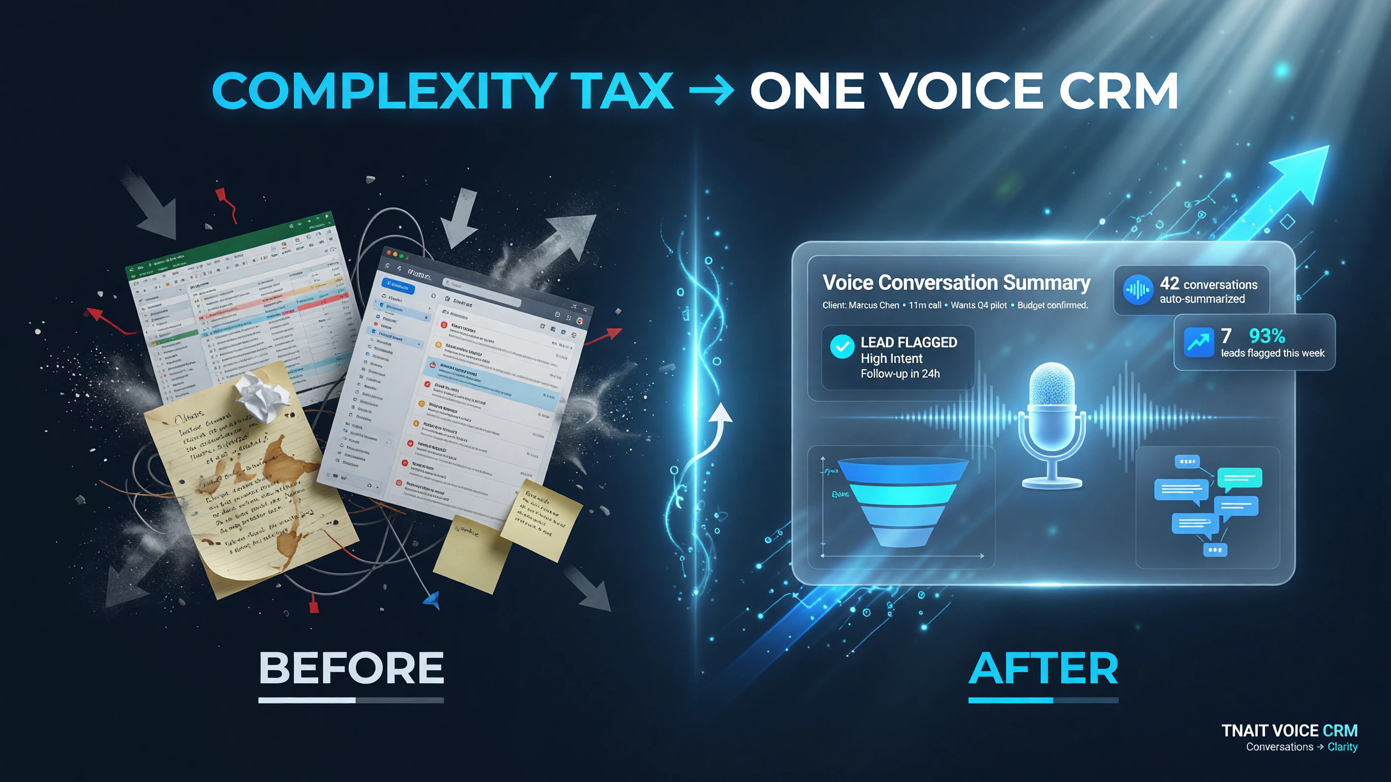 Saleoid before and after workflow consolidating scattered spreadsheets inbox and notepad into one voice-first AI CRM with conversation summaries and lead flags