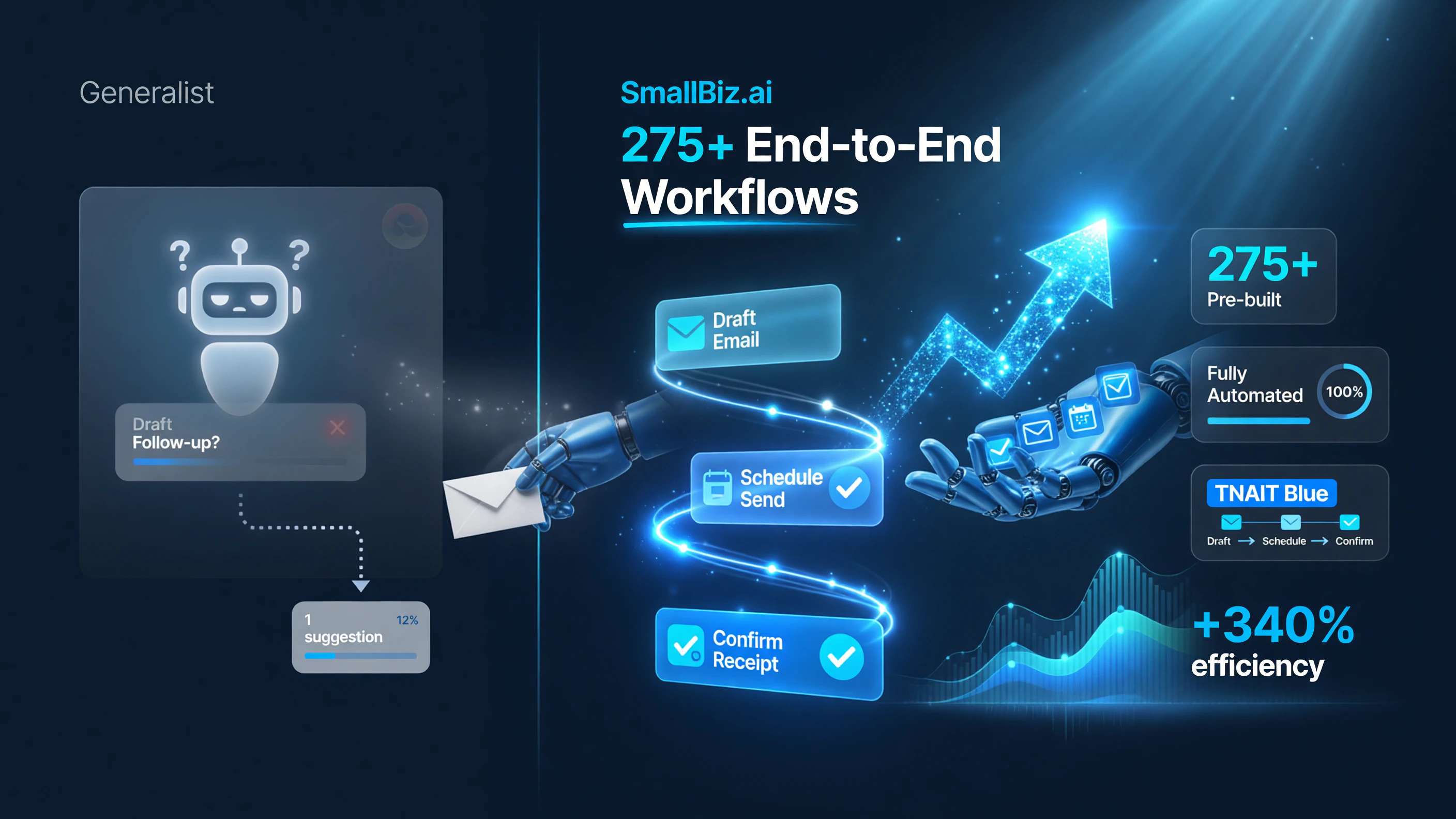 SmallBiz.ai workflow library drafting, scheduling and confirming a follow-up end to end versus a generalist chatbot that only suggests it
