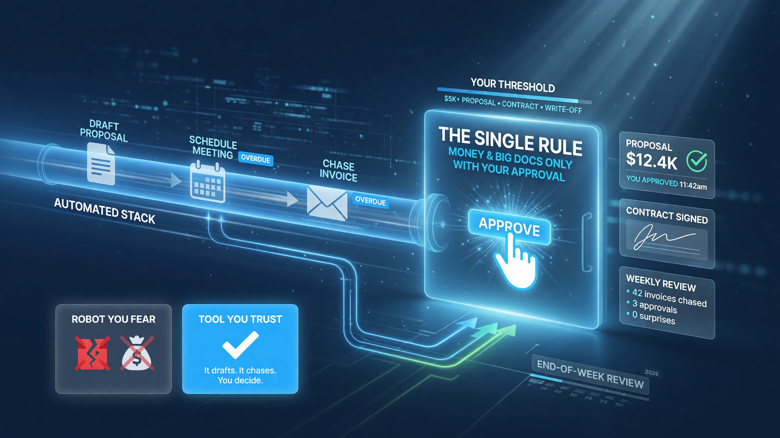 Human approval gate that keeps a one-person AI back-office stack safe on anything with money