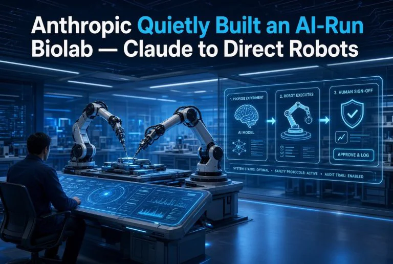Infographic showing Claude AI directing robots through propose-experiment, robot-executes, human-sign-off steps