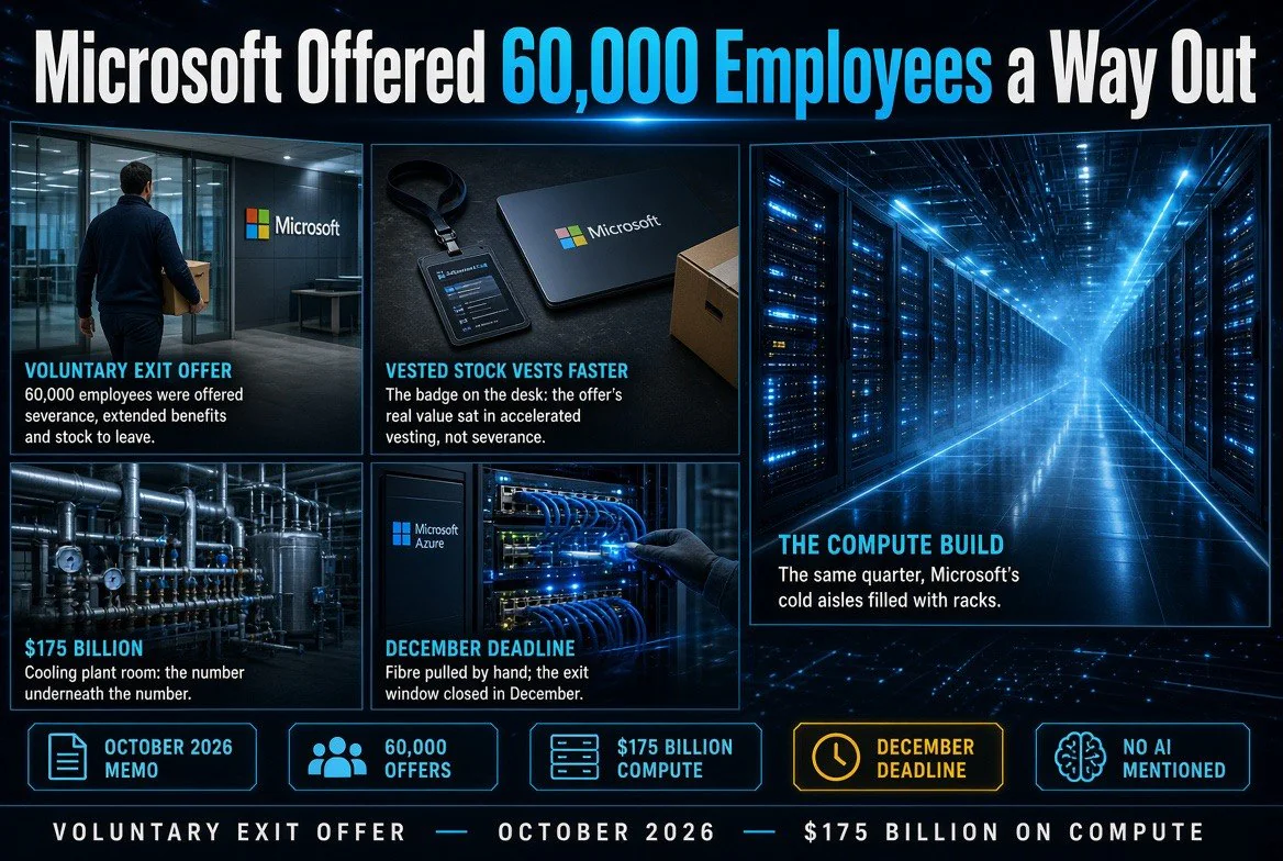 Microsoft voluntary exit poster showing a departing employee with a boxed desk badge, a datacentre cold aisle, fibre cables and a cooling plant room