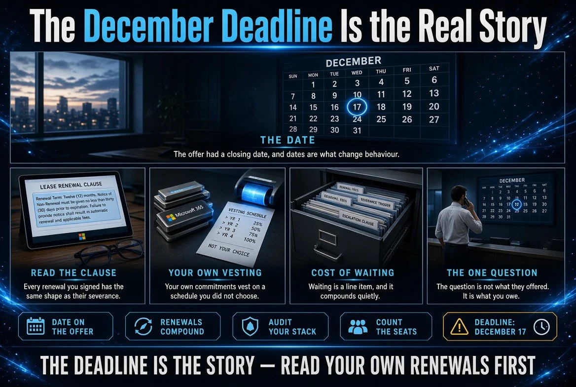 December deadline poster showing a circled calendar date, a bracketed lease clause, clipped vendor invoices, an open drawer of folders and an owner at the counter