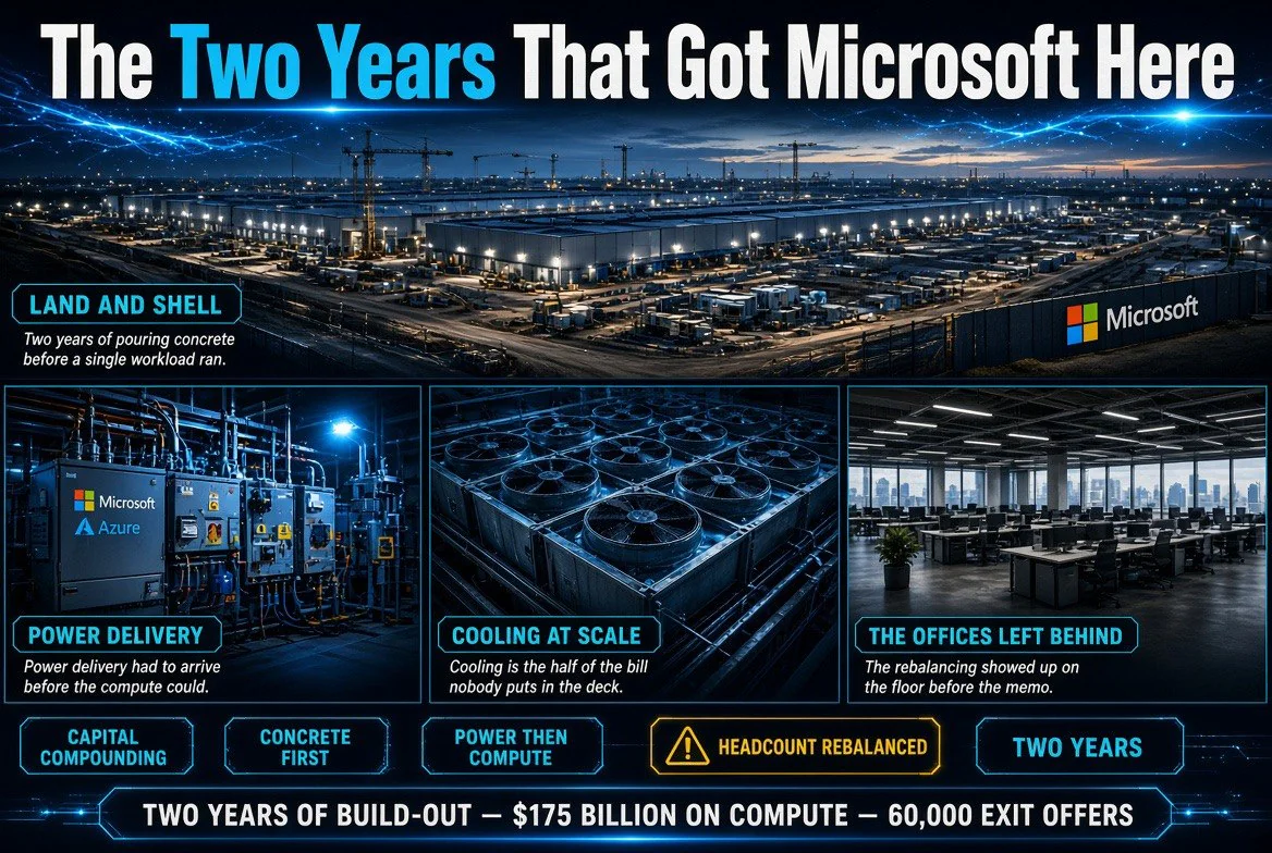 Microsoft two year build-out poster showing a datacentre construction site at night, switchgear power delivery, rooftop cooling and a half-empty office floor