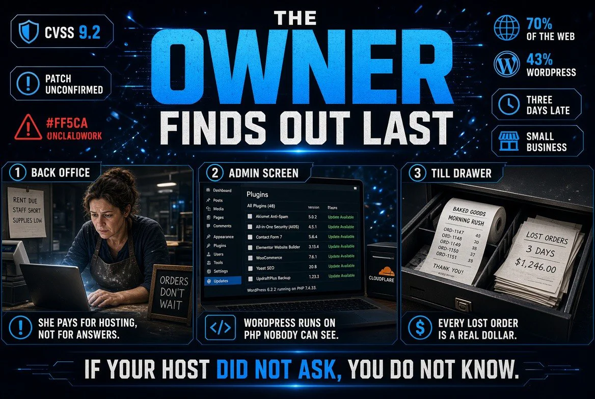 Small business owner discovering her WordPress site runs unpatched PHP
