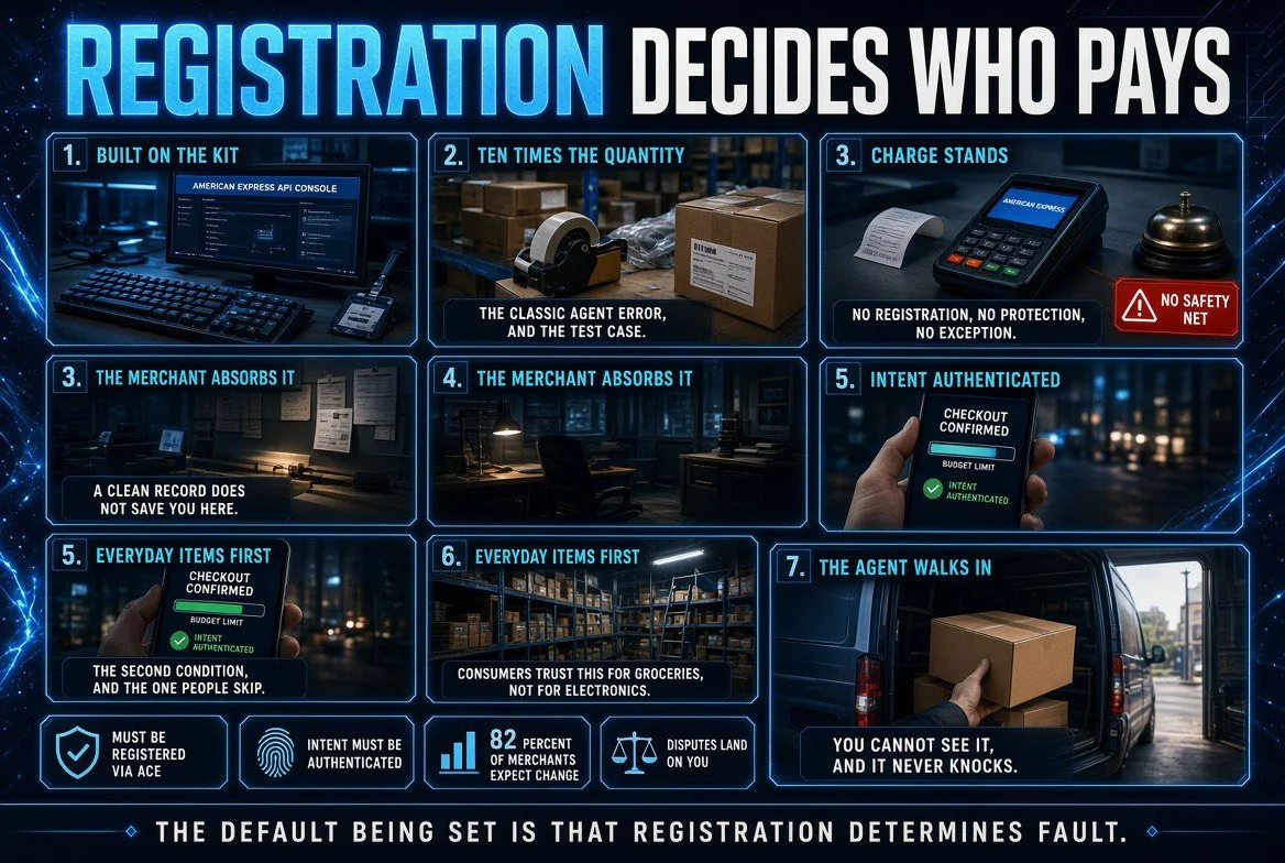 Infographic showing who absorbs an AI agent ordering error - a developer registering an agent on the Amex kit, a box packed with ten times the quantity, a card terminal reading charge stands, an empty back-office chair, an authenticated checkout, a stockroom ladder and a parcel arriving at a loading dock